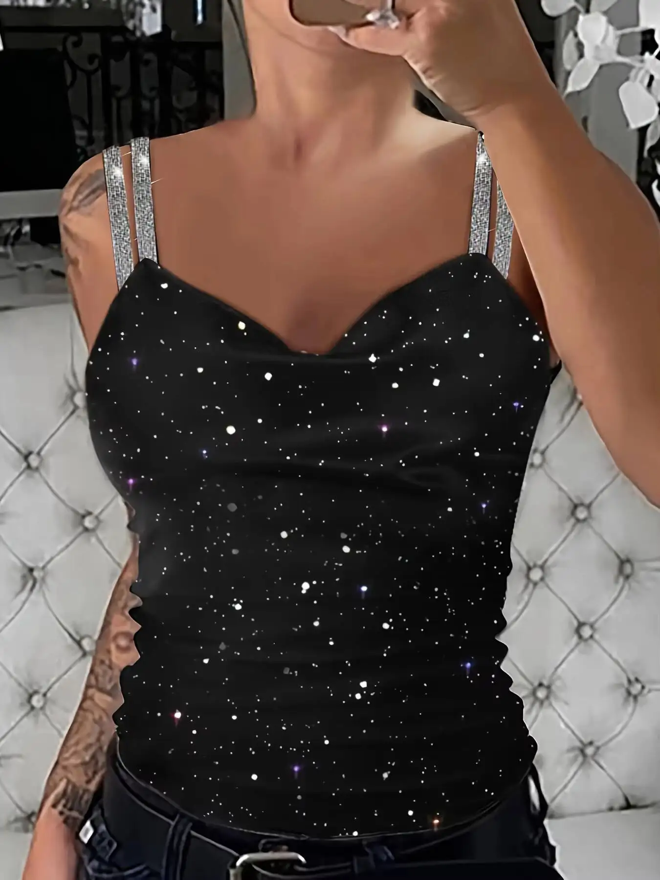 Women's Black Sparkly Glitter Cami Top Double Rhinestone Straps V-Neck Spring Summer Slim Fit Sexy Party Fashion Casual Tank Top