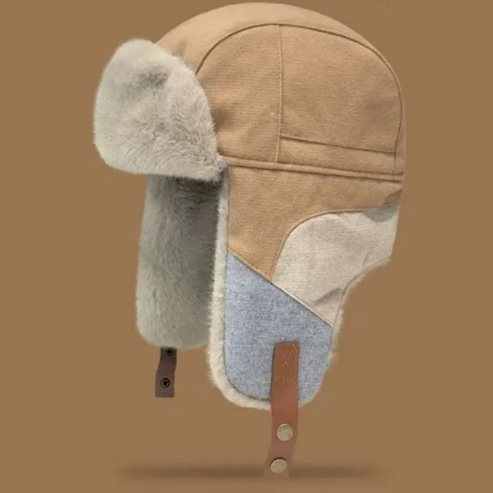 Farbblock-Wintermütze mit Fleece-Futter, Ohrenklappen, winddicht, windresistent, dicke, thermische Patchwork-Skimütze – Detail 10