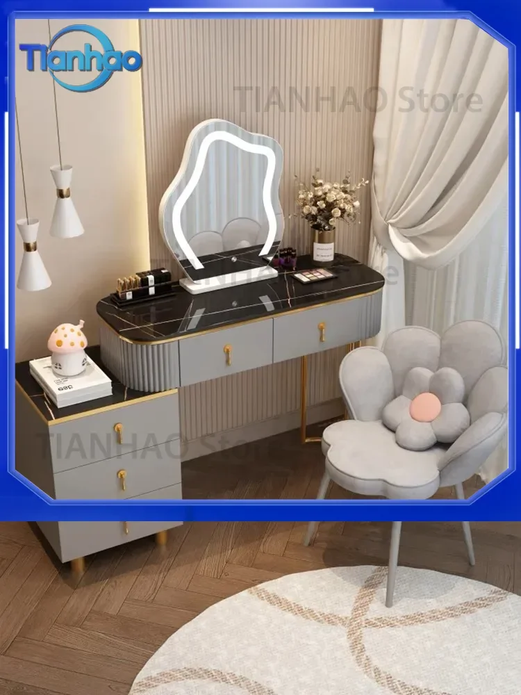 Luxury Glass Countertop Makeup Vanity Table Top with LED Light Mirror and Chair for Living Room Furniture