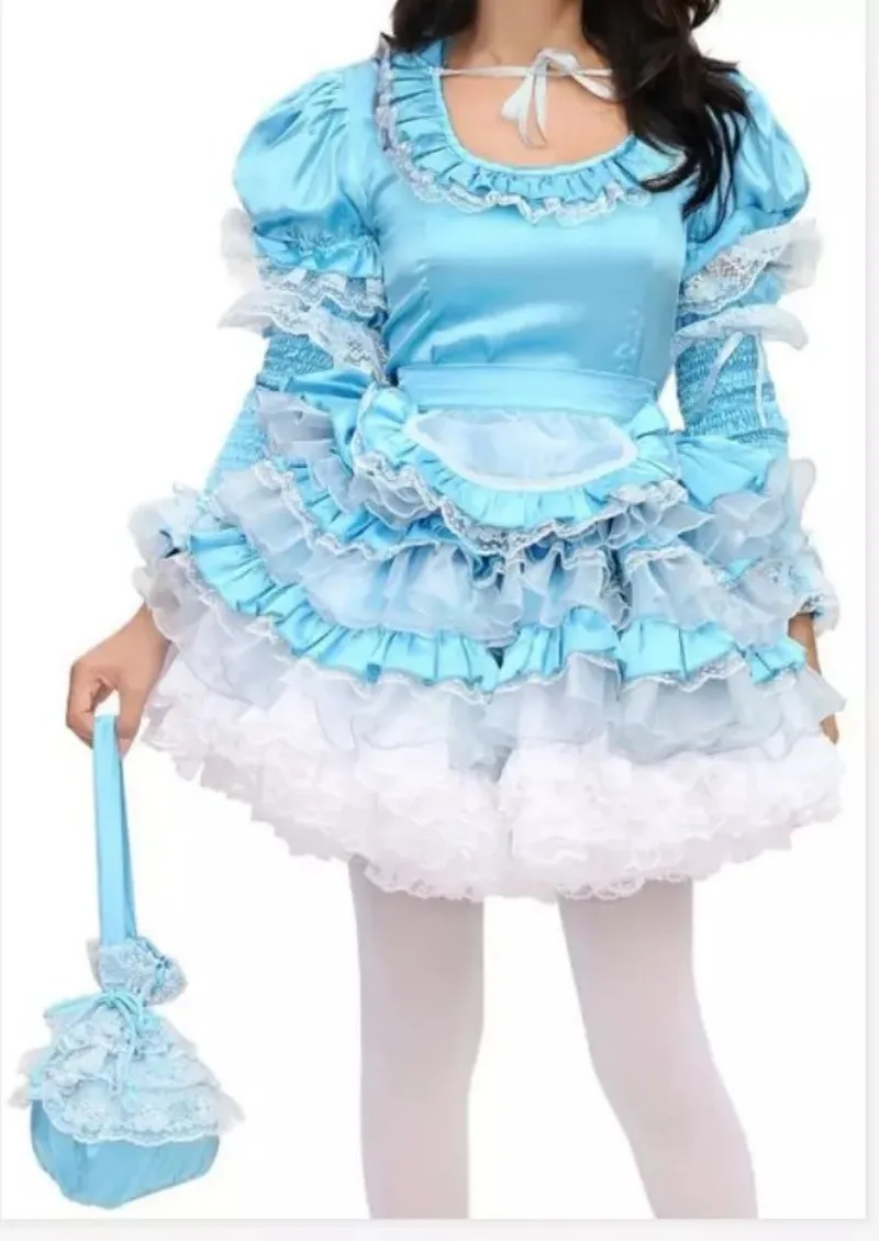 

Sissy Girly girl blue satin dress lockable maid Cosplay costume customization