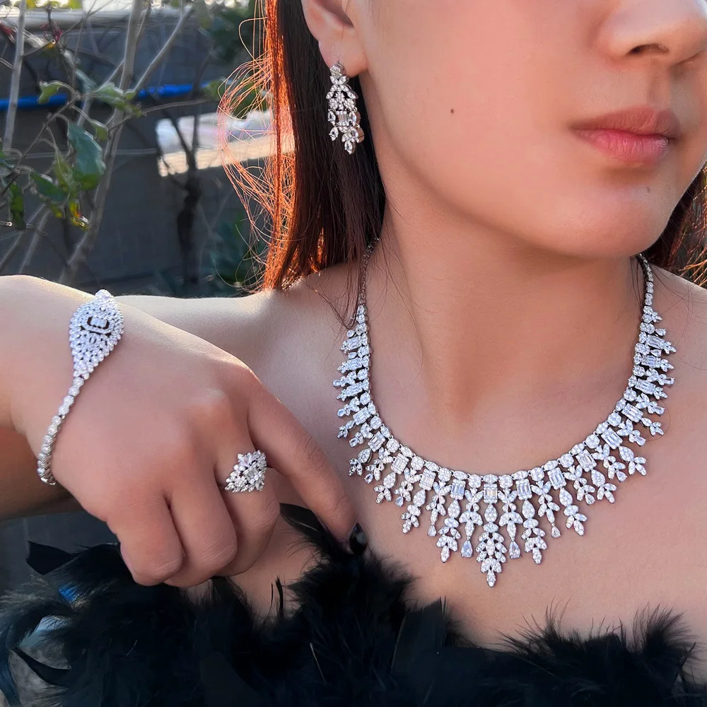 Handmade Lab Diamond Jewelry set 14K White Gold Engagement Wedding Rings Earrings Necklace Bracelet For Women Party Jewelry Gift - view 6