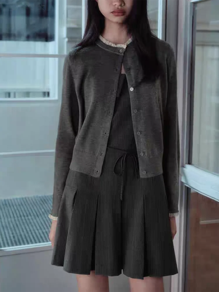 패셔너블한 스위트 오트 드 여성용 2025년 겨울 신상 하이웨이스트 롱 스커트 하이넥 깅엄 플리츠 스커트 한국 스타일