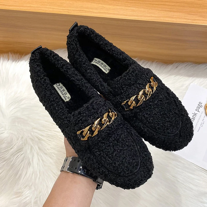 

Brand Women's Furry Wool Loafers Winter Shearling Flats Female Warm Barefoot Cotton Shoes Winter Antiskid Sheep Fur Moccasins