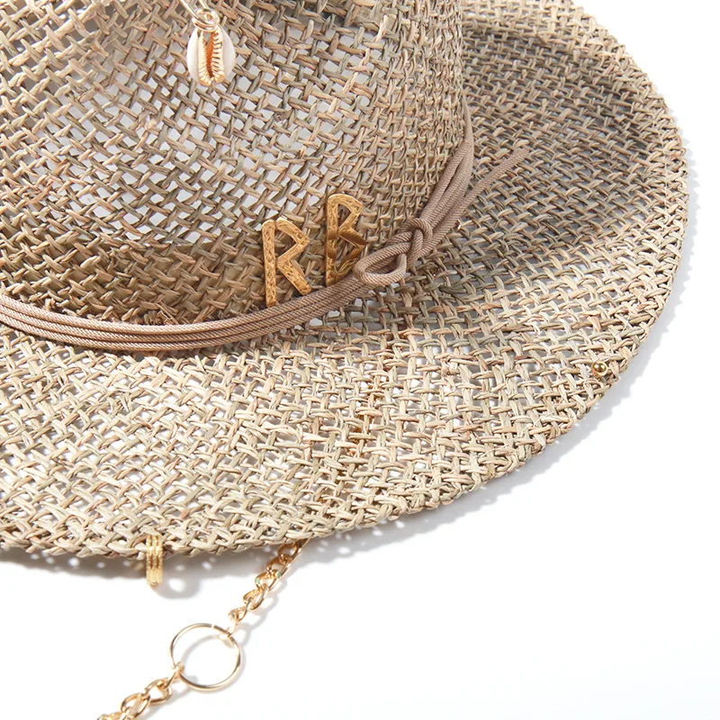 2024 New European and American Style Pin Design Straw Hat Female Hollow Letter Sun Hat Fashion Metal Chain Sunshade Hat