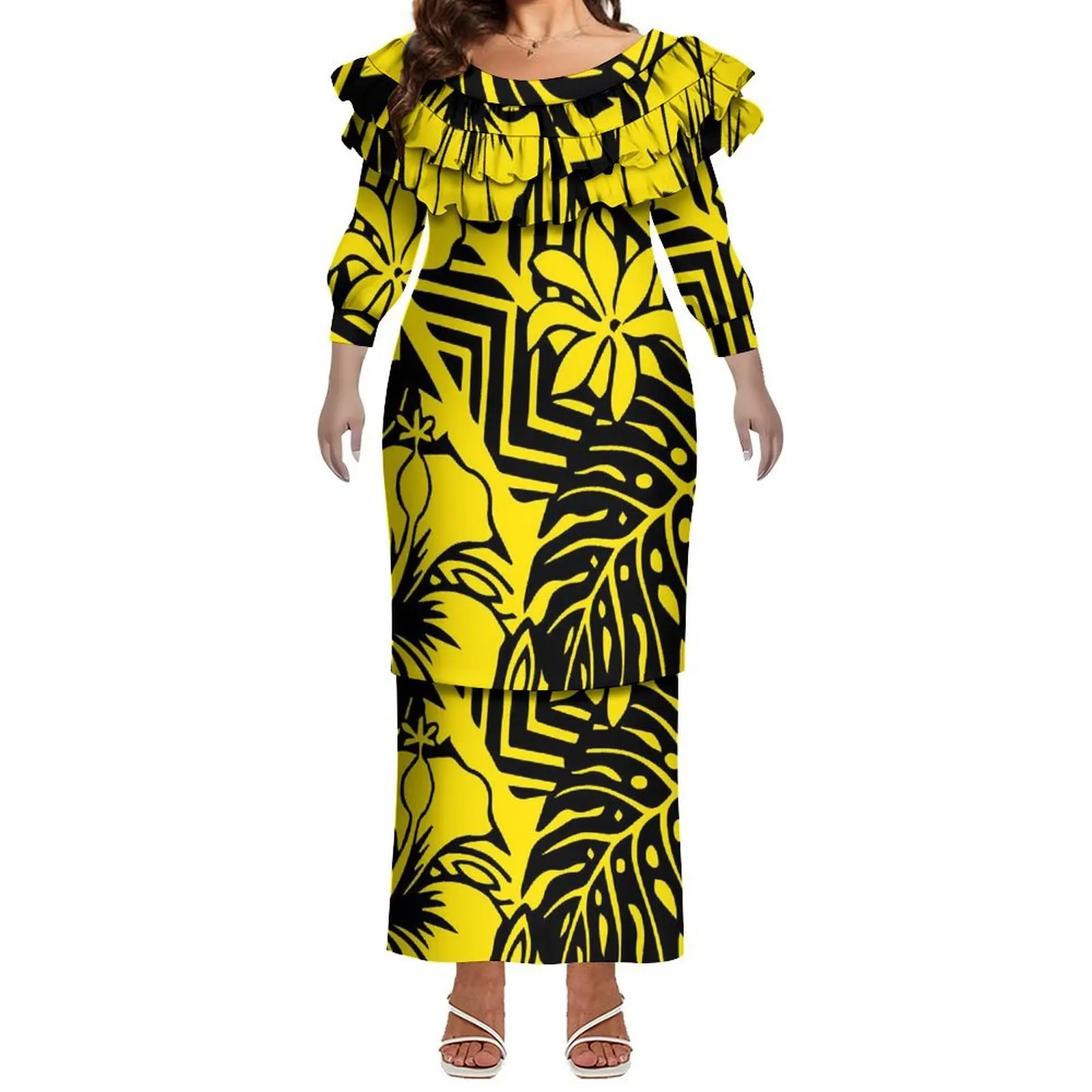 

Полинезийский племенной узорчатый дизайн для индивидуального пошива одежды: женское платье-пулетаси с круглым вырезом и декором в виде листьев, сексуальный костюм-платье.