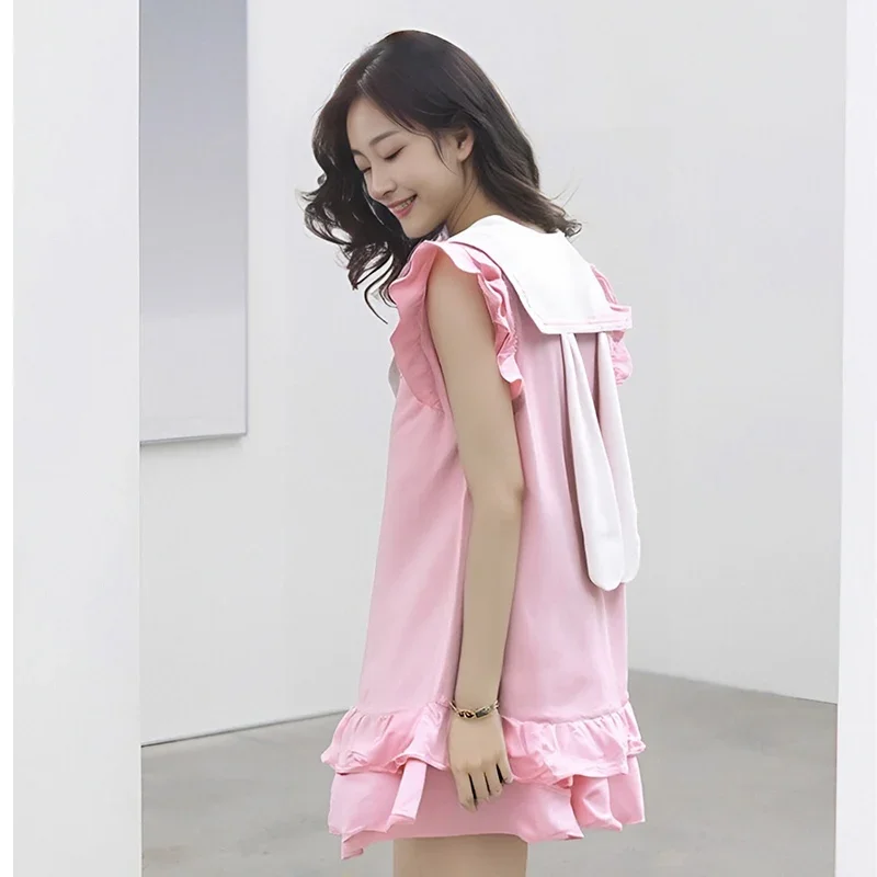 Japonês y2k roupas femininas bonito menina rosa kawaii vestidos doce colete 2025 orelhas de gato sem mangas babados vestido tanque fds3