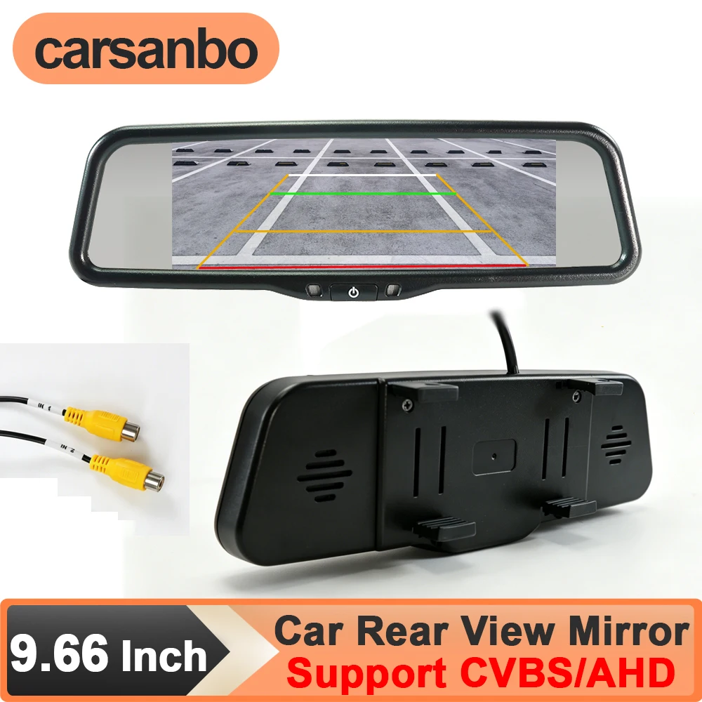 Carsanbo Digital 9.66 Inch Car Monitor Rear View Mirror with 2CH RCA Inputs Reference Line Support CVBS/AHD Signal Full Screen
