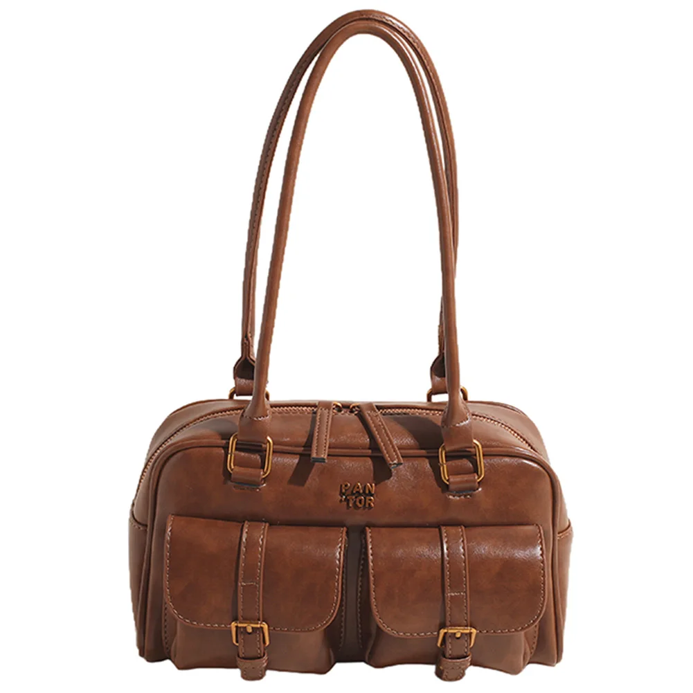

Boston Tote Bag for Women with Multi-Pockets Shoulder Bag PU Leather Vintage Solid Clutch Purse for Travel Work