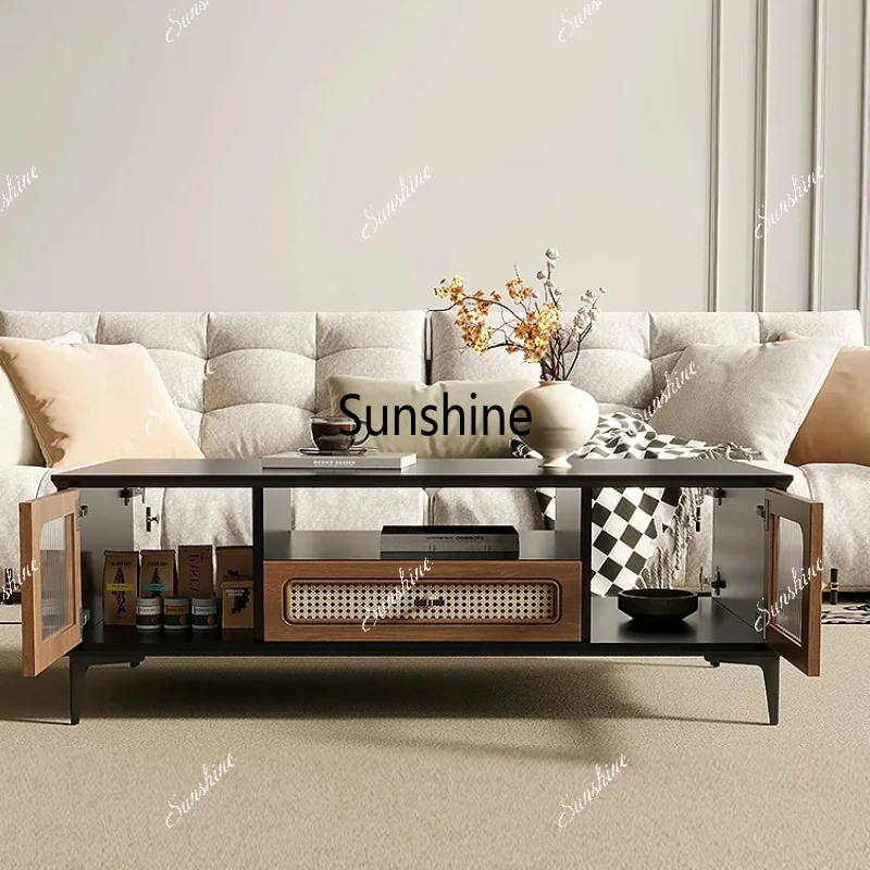 Medieval coffee table storage cabinet light luxury high-end retro rattan TV cabinet