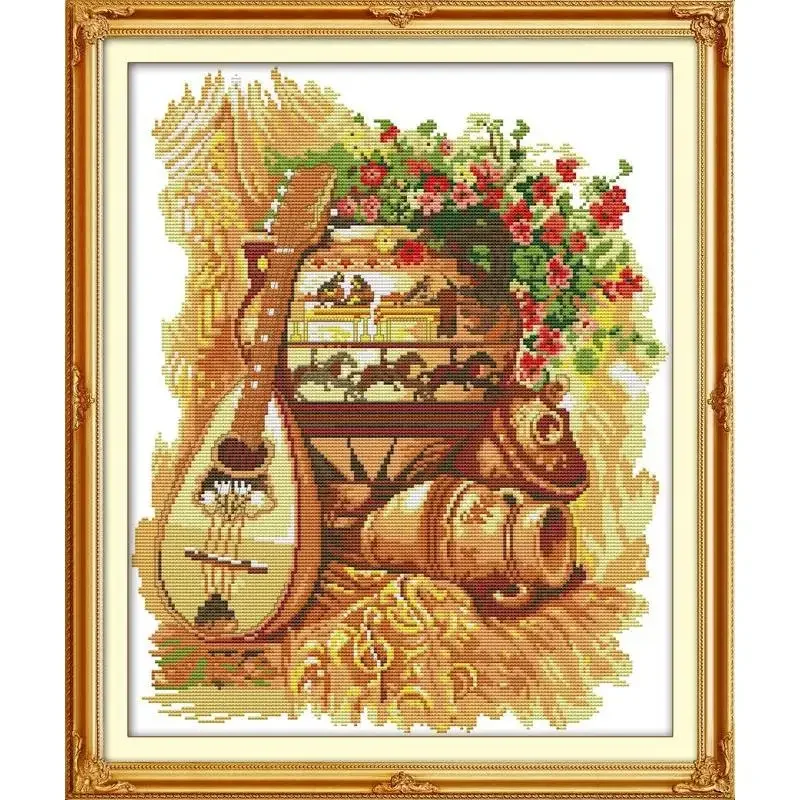 Joy Sunday News Printedd Cross Stitch Kit,  Easy Pattern With Aida and DMC Threads  Stamped Fabric Embroidery Set-Clay Pot and G