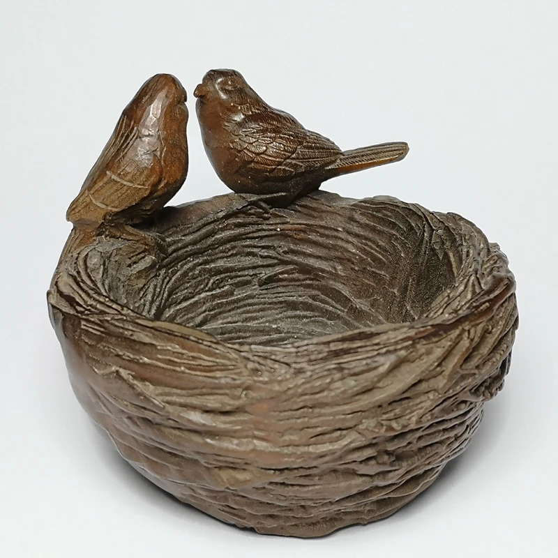 1919 Antique art Size 3.2 Inch Old China Boxwood Hand Carved Lovely Bird bird's nest Statue family Decoration gift Collection