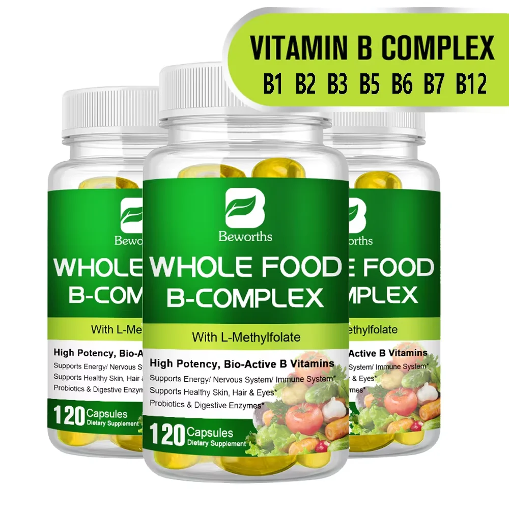 BEWORTHS Vitamin B Complex Capsules B1,B2,B3,B5,B6,B7,B12 Whole Food Supplement for Stress, Energy and Immune Support Non-GMO