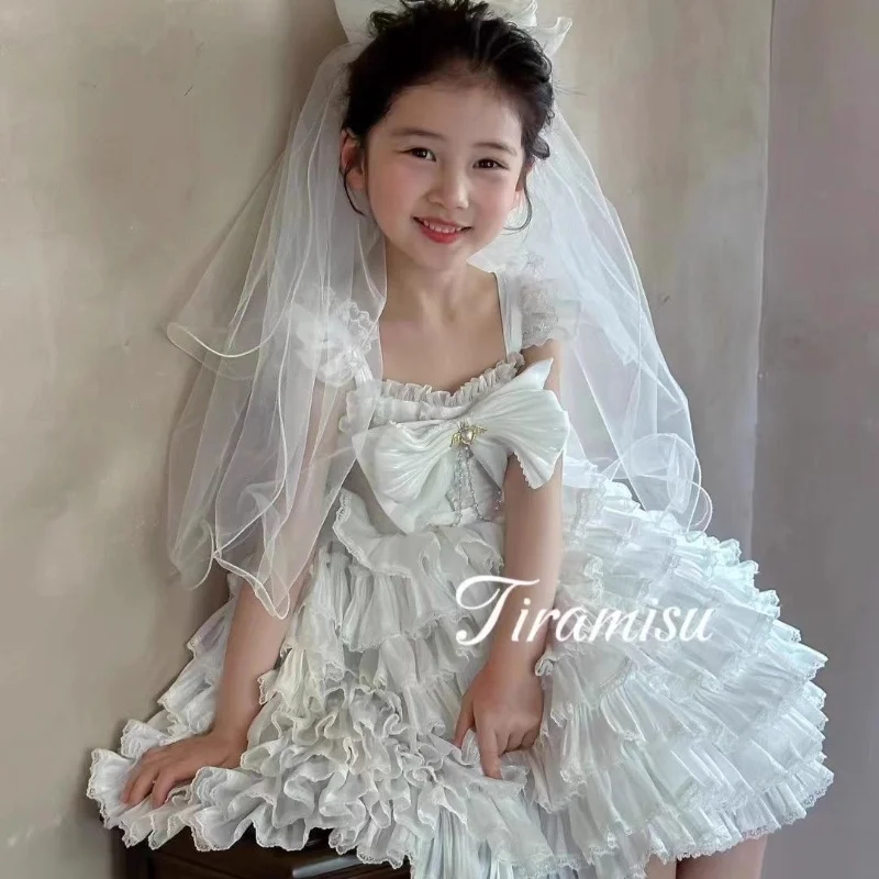 

White Lace Lolita Girls Wedding Dresses Bow Puff Sleeve Princess Pageant Dress Tulle Baby Birthday Party Kids Boutique Clothes