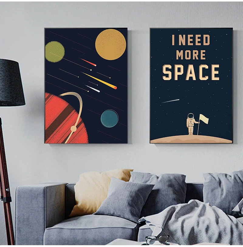 Space Poster Wall Art Canvas Prints , I Need More Space Science Art Canvas Painting Outer Space Planets Print Cosmos Poster