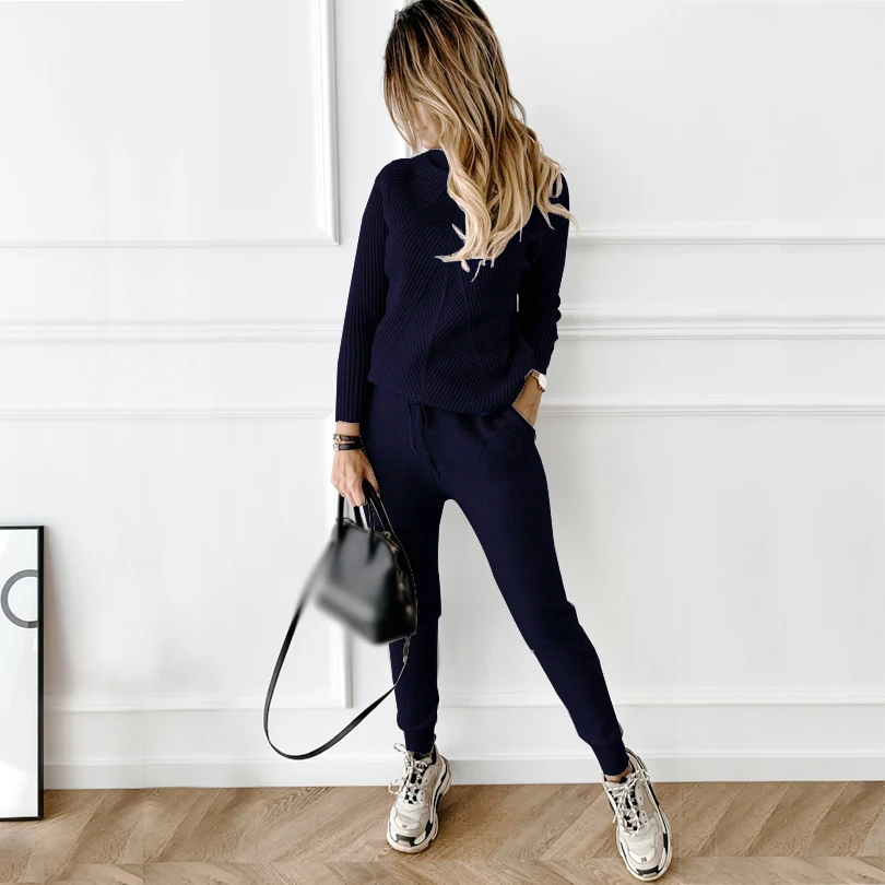 TYHRU Autumn Winter Women\'s tracksuit Solid Color Striped Turtleneck Sweater and Elastic Trousers Suits Knitted Two Piece Set