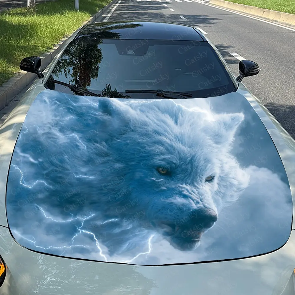 Lightning Blue Wolf Car Hood Decal, Durable Self-Adhesive PVC Sticker, Waterproof And Scratch-resistant Car Vinyl Wrap