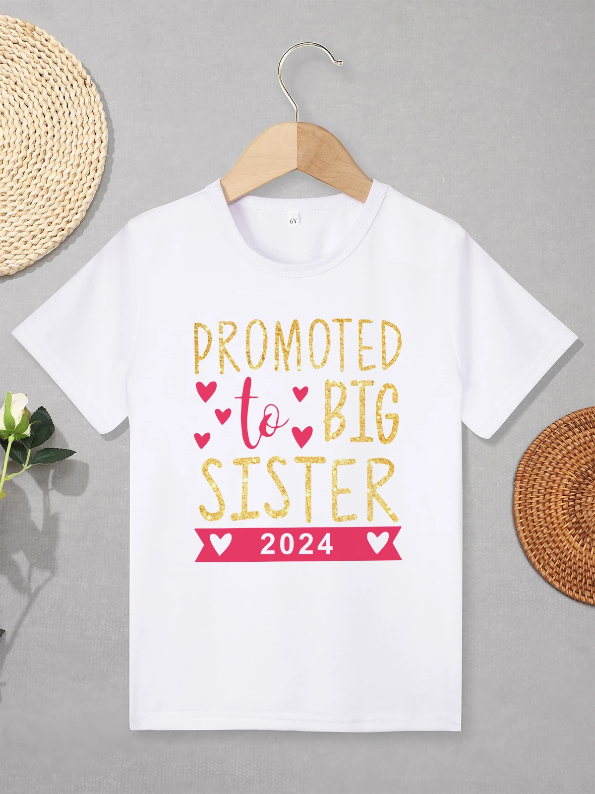 

“Promoted to Big Sister 2024” Girl Clothes Aesthetic Harajuku Kids Tops Beautiful Print Fashion Fine Gift Children's Shirt