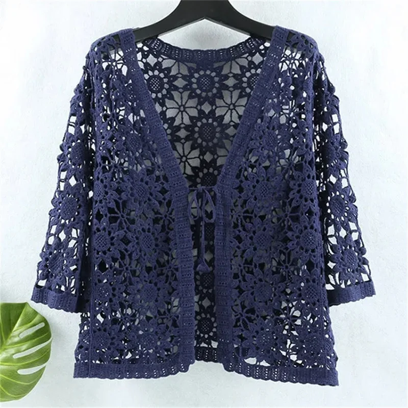 Cardigan Openwork de algodão feminino, Decote V, manga recortada, malha, roupas de protetor solar, maré, solto, ar condicionado camisa, verão