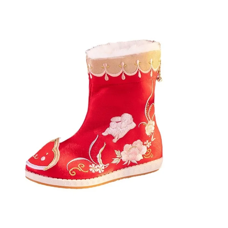 Botas de algodón antiguas para niña Hanfu, zapatos de Año Nuevo con conejo, botas de invierno, zapato de algodón antiguo, Año del Dragón, novedad de invierno de 2024