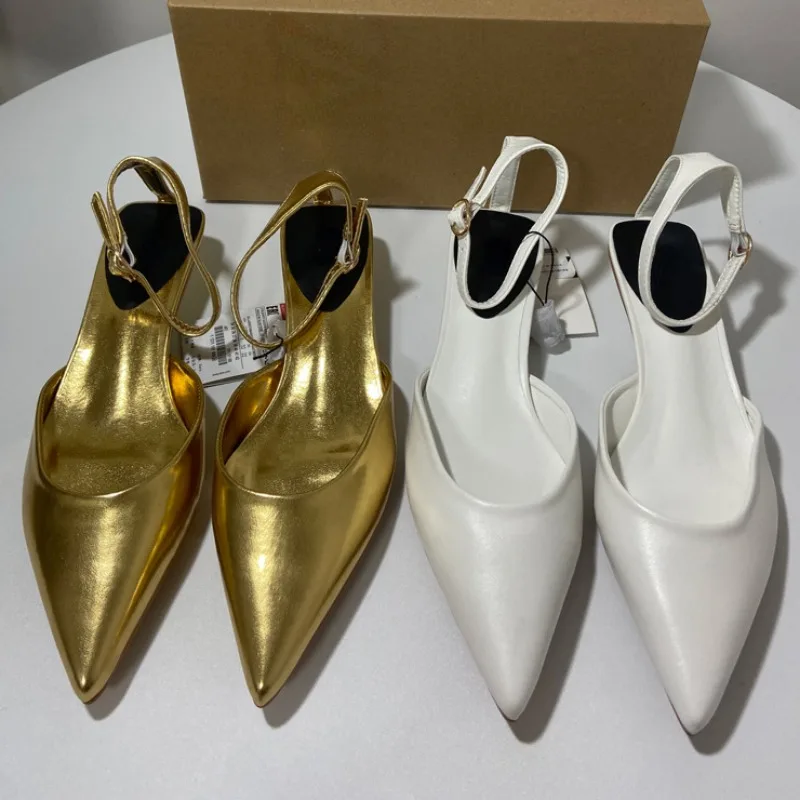 Elegant Low Heeled Sandals Women Summer Trendy Gold Pointed Toe Brand Design Party Prom Slingbacks Wedding Office Ladies Shoes