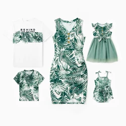 PatPat Family Matching Floral Panel Tee or Tropical Leaf Pattern Button V-Neck Ruched Dress Sets