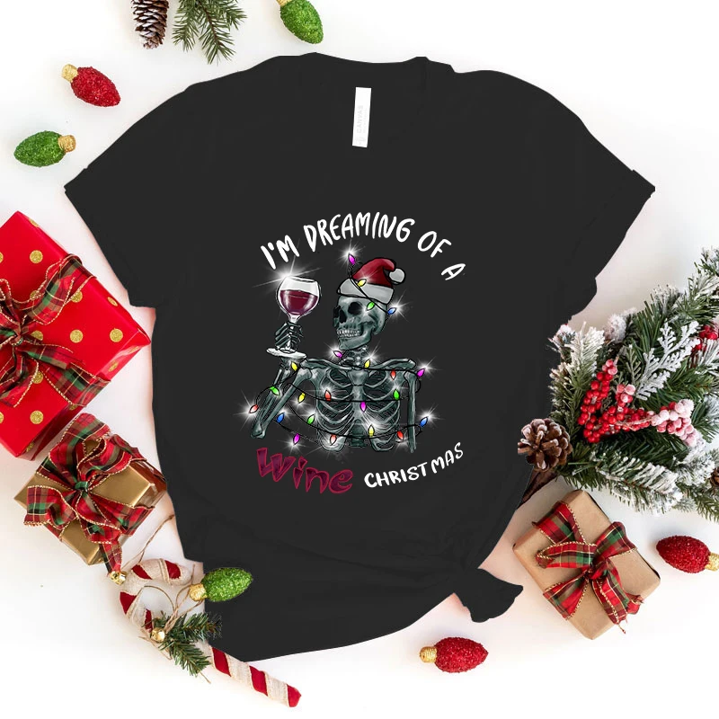 (Premium T-shirt)Funny I'M Dreaming Of A Wine Christmas Printed T-Shirts For Women Summer Short Sleeve Round Neck Cute Loose Top