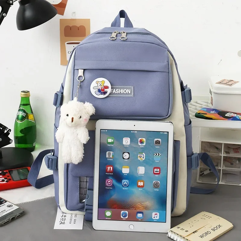 Girls Korean Version Children Set Student Canvas School Bag Children Backpack Kids Capacity Multi Layer Backpack Color Blocking