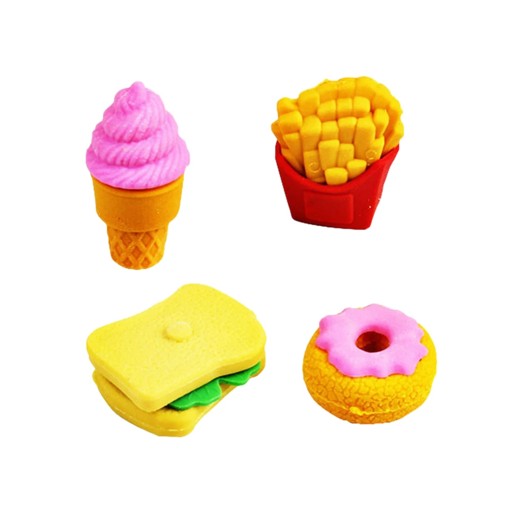 

4 Pcs Novelty Cartoon Erasers for Kids Toys Removable Pencil School Supplies Cute Food Shaped Children Stationery Gifts