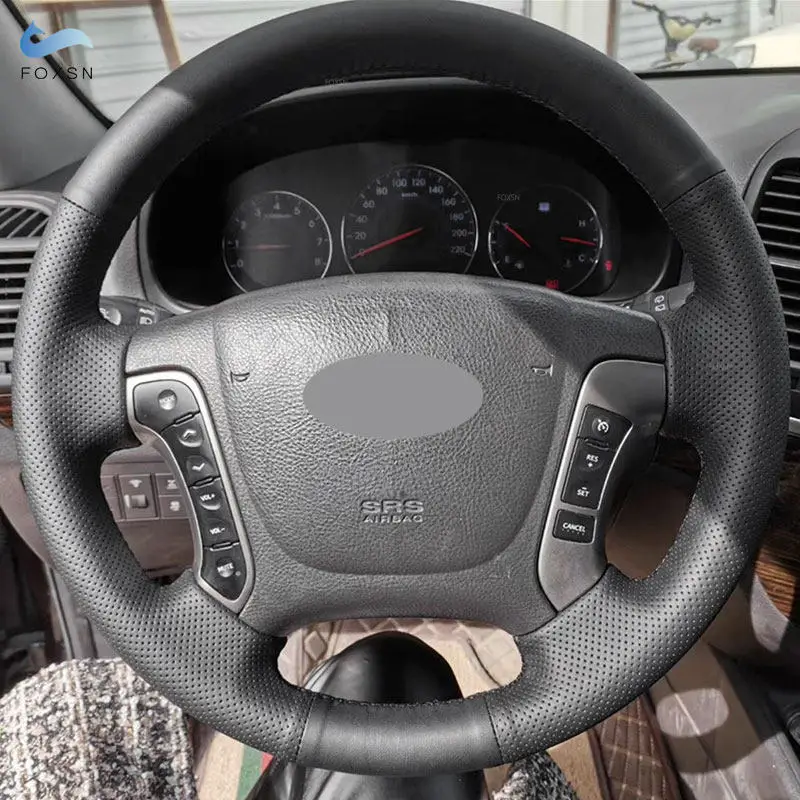 Image of Perforierter Lederbezug für Hyundai Santa Fe 2006 2007 2008 2009 2010 2011 2012 Hand nähen Auto Lenkrad abdeckung schwarz