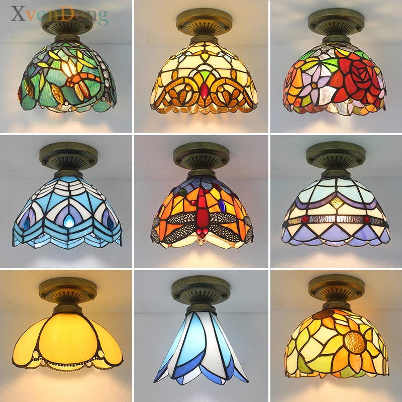 

Tiffany Stained Glass Ceiling Lights for Living Room Bedroom Bathroom Decor Kitchen Hanging Lamp Vintage Iron LED Light Fixtures