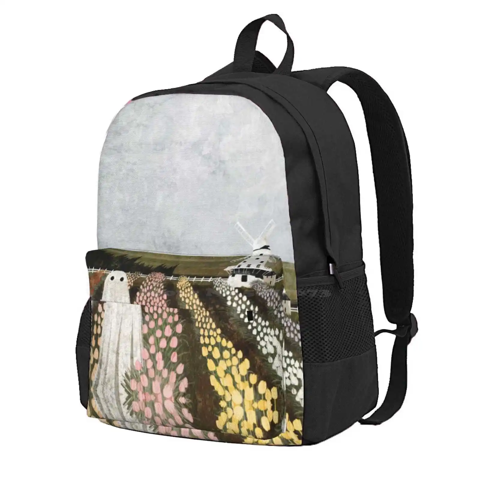 Tulip Ghost Hot Sale Schoolbag Backpack Fashion Bags Ghost Spring Meadow Flowers Nature Landscape Windmill Haunt Sadness