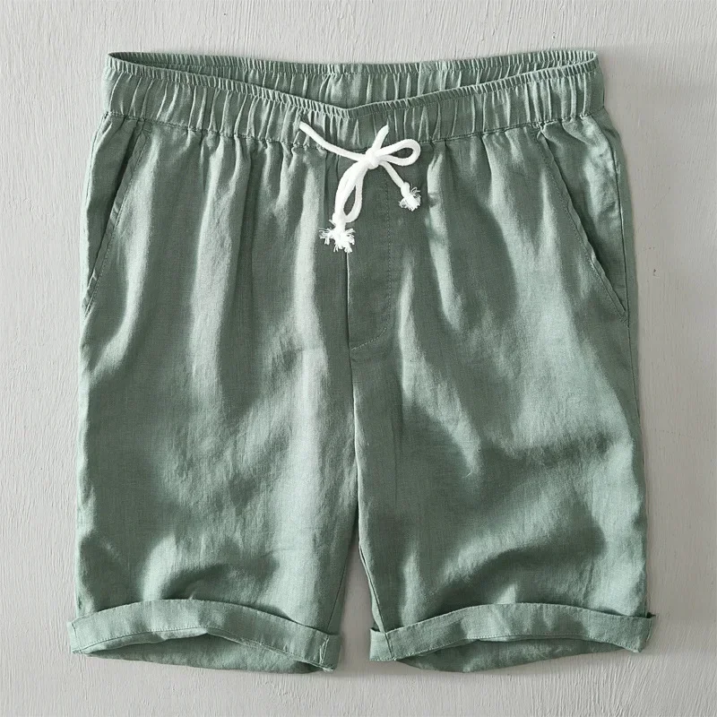 

Summer 100% Linen Mens Shorts Breathable Beachwear Man Shorts 4XL Casual Drawstring Elastic Waist Knee Length Pants Gym Shorts