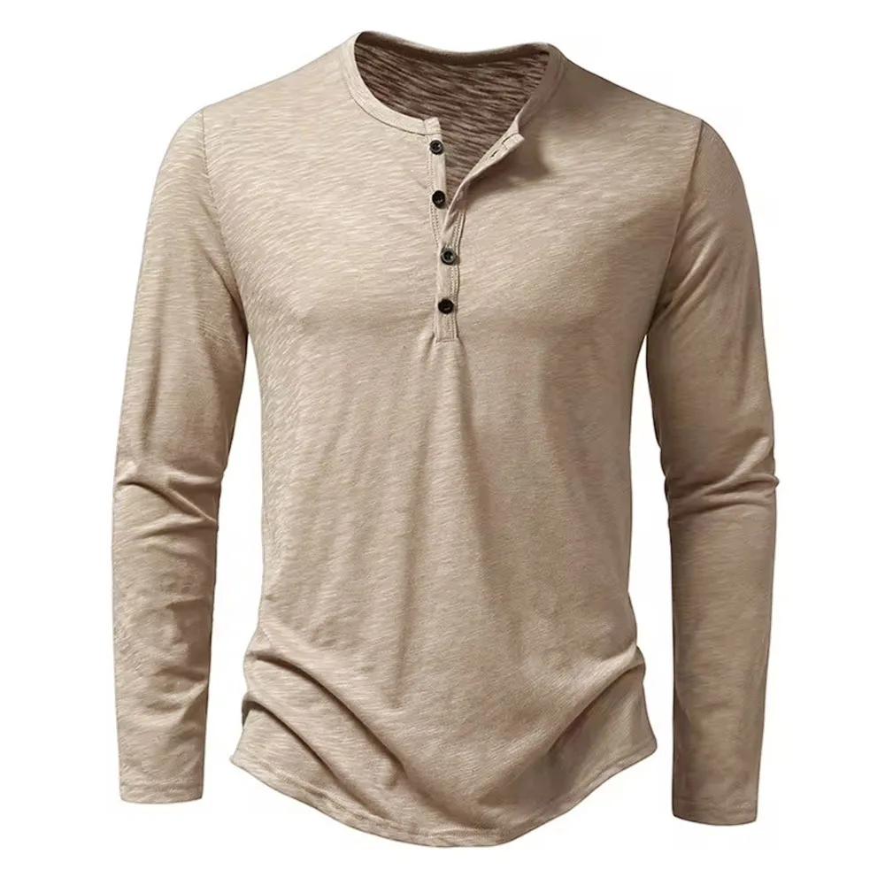 Herren Frühling Herbst Langarm T-shirt Atmungsaktive Leichte Baumwolle Henley Neck Casual Button Tops Einfarbig Männliche T-shirts