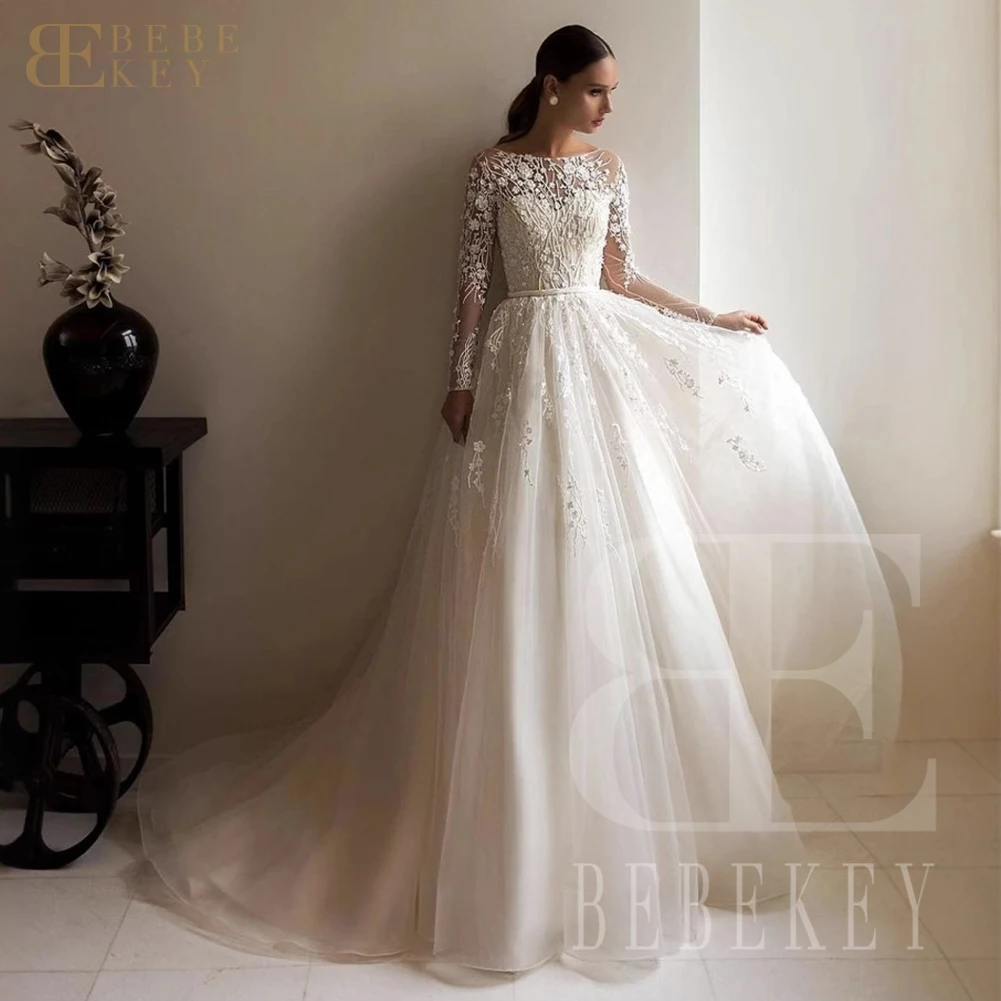 

BEBEKEY элегантное кружевное свадебное платье с длинными рукавами, трапециевидное платье невесты, вечернее платье по индивидуальному заказу для женщин, свадебное платье, халат