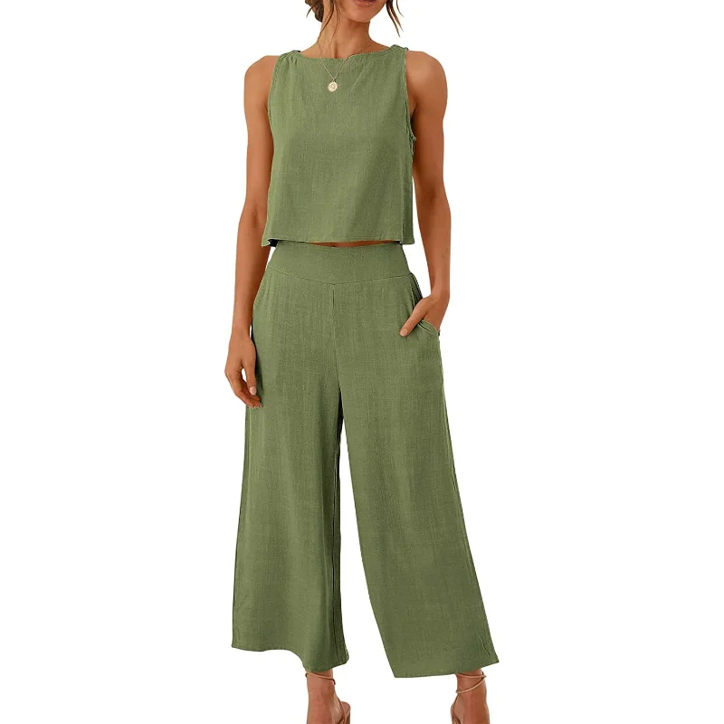 2023 Spring and Summer Women's Clothing Sleeveless Cropped Top + Wide-leg Pants Two-piece Suit