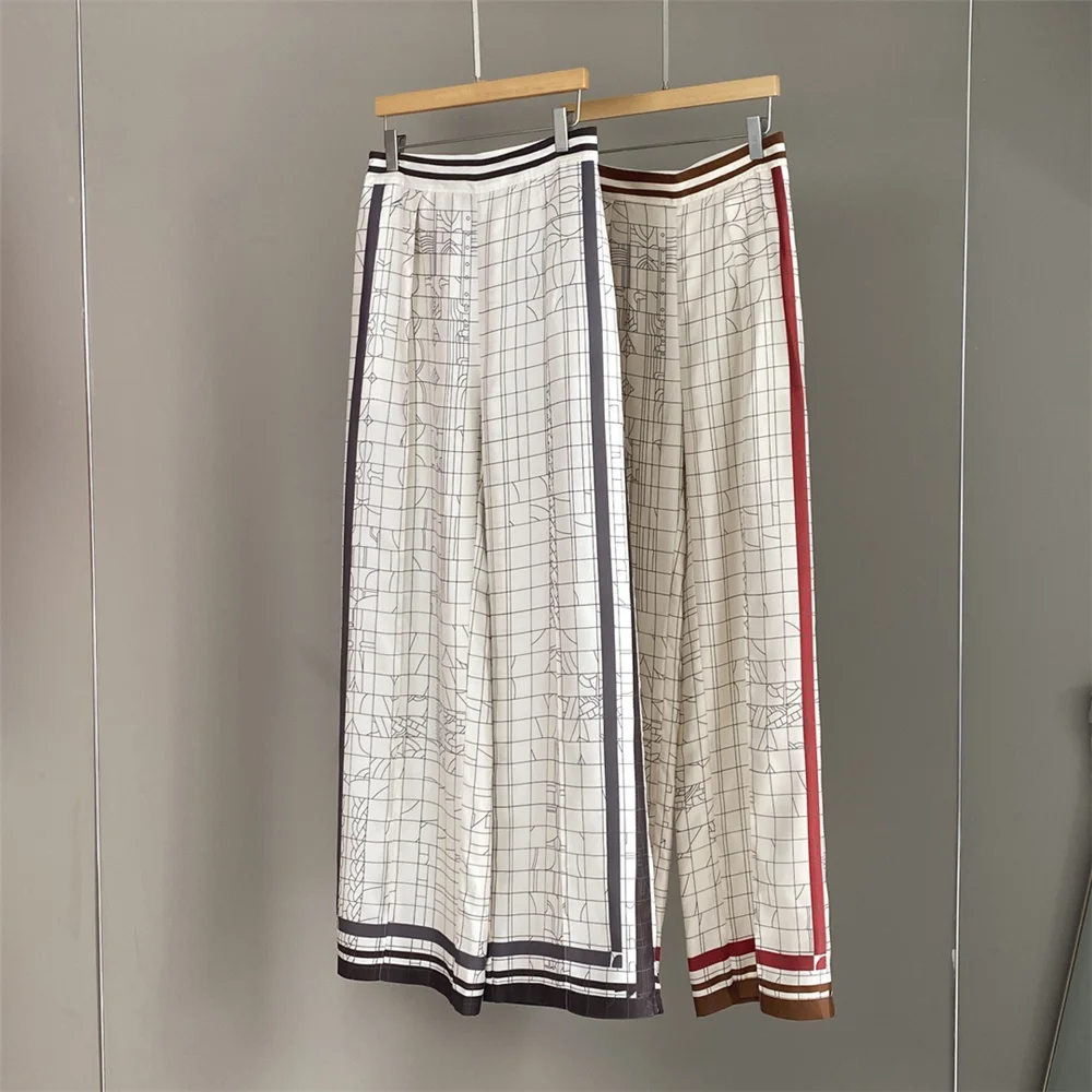 

100% Silk Women Pants 25 Spring Summer New Elastic Waist Printed Straight Leg Wide Leg Pants
