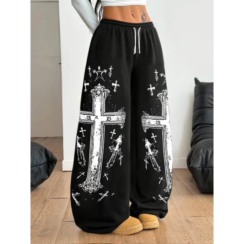 2026Unisex Quick Dry Straight Trousers Vintage Distressed Cross Sword Pattern Pants Y2K Gothic Hip Hop Streetwear Wide Leg Pants