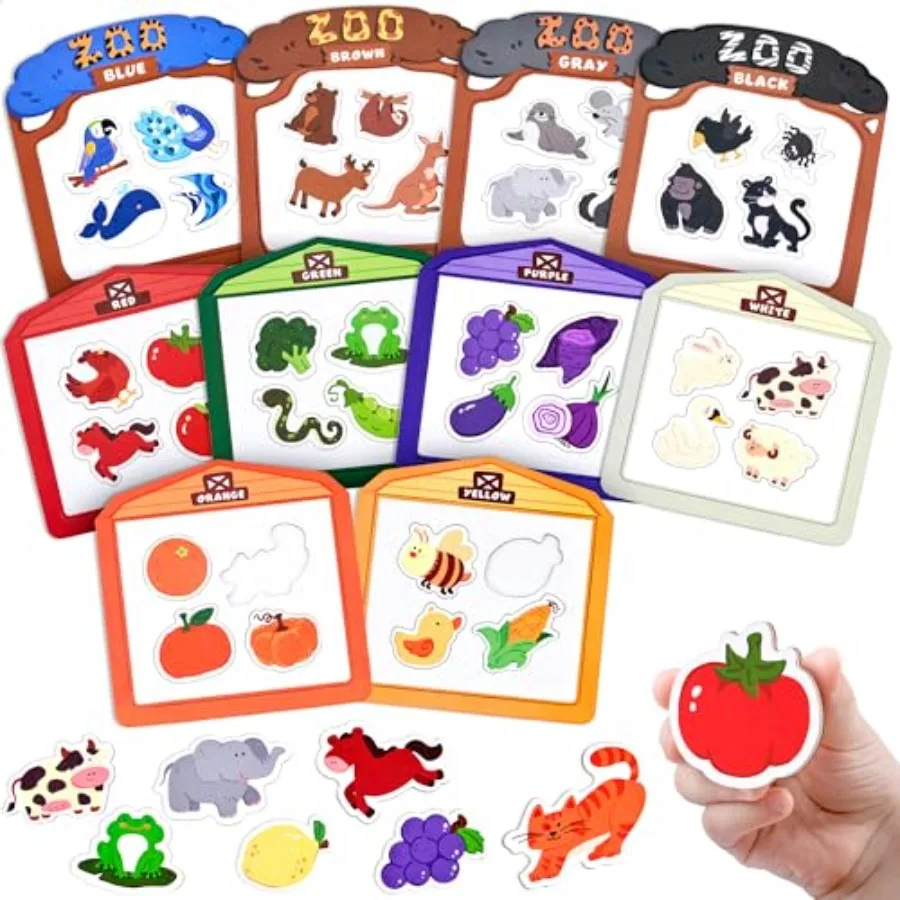 Wooden Fridge Magnets for Toddlers, 50PCS Magnetic Color Sorting Refrigerator Toys, Farm and Zoo Animal Magnets for,Educational