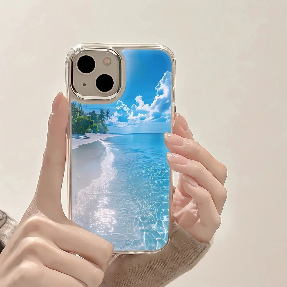 

Прозрачный чехол Summer Seaside Scenery для iPhone 16 16E 15 14 Plus 12 11 13 Pro Max XR XS 7 8 Plus, мягкий чехол с металлическим кольцом для объектива