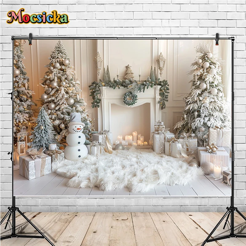 

Christmas White Photography Background Decor Xmas Tree Fireplace Living Room Party Family Portraits Photoshoot Backdrop Props