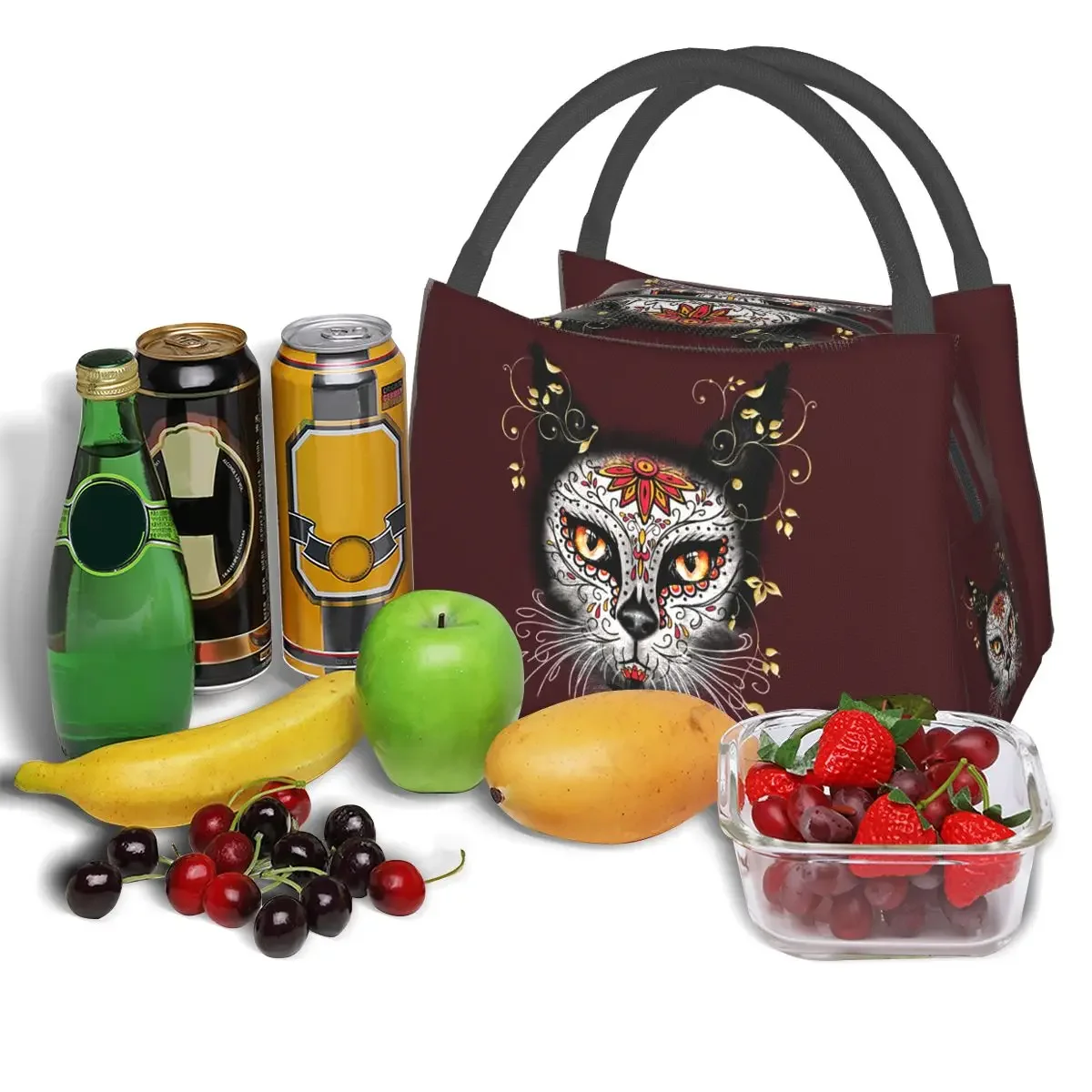 يوم الموتى هريرة القط السكر الجمجمة المكسيكي هالوين الأزهار أكياس الغداء معزول بينتو صندوق أكياس نزهة قابلة لإعادة الاستخدام حقيبة حرارية