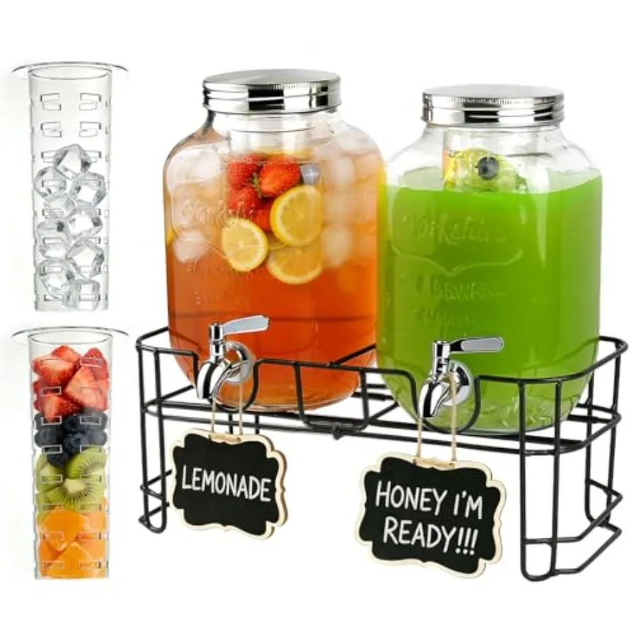 

Glass Drink Dispenser 2 Pack with Stand - 1 Gallon Glass Beverage Dispenser for Parties, Juice, Water - Includes Spigot and Fil