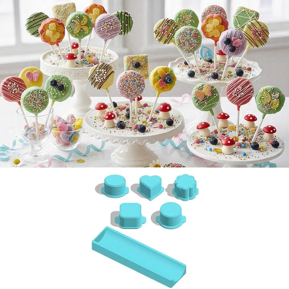 

6PCS Food Grade Plastic Cake Pop Mold Set Flower/Heart Shape Non-stick Cookies Cutter with Tray 3D Cake Circle Maker Bakery