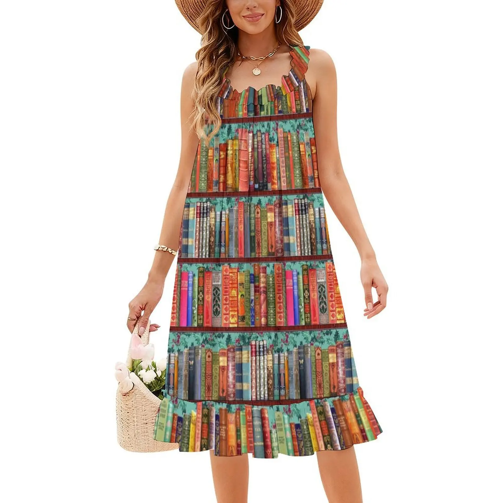 كتب عيد الميلاد خمر هولي البوهيمي فستان بلا أكمام متعدد الطباعة شاطئ عطلة فستان الحفلات كتب خمر رف الكتب العتيقة #4