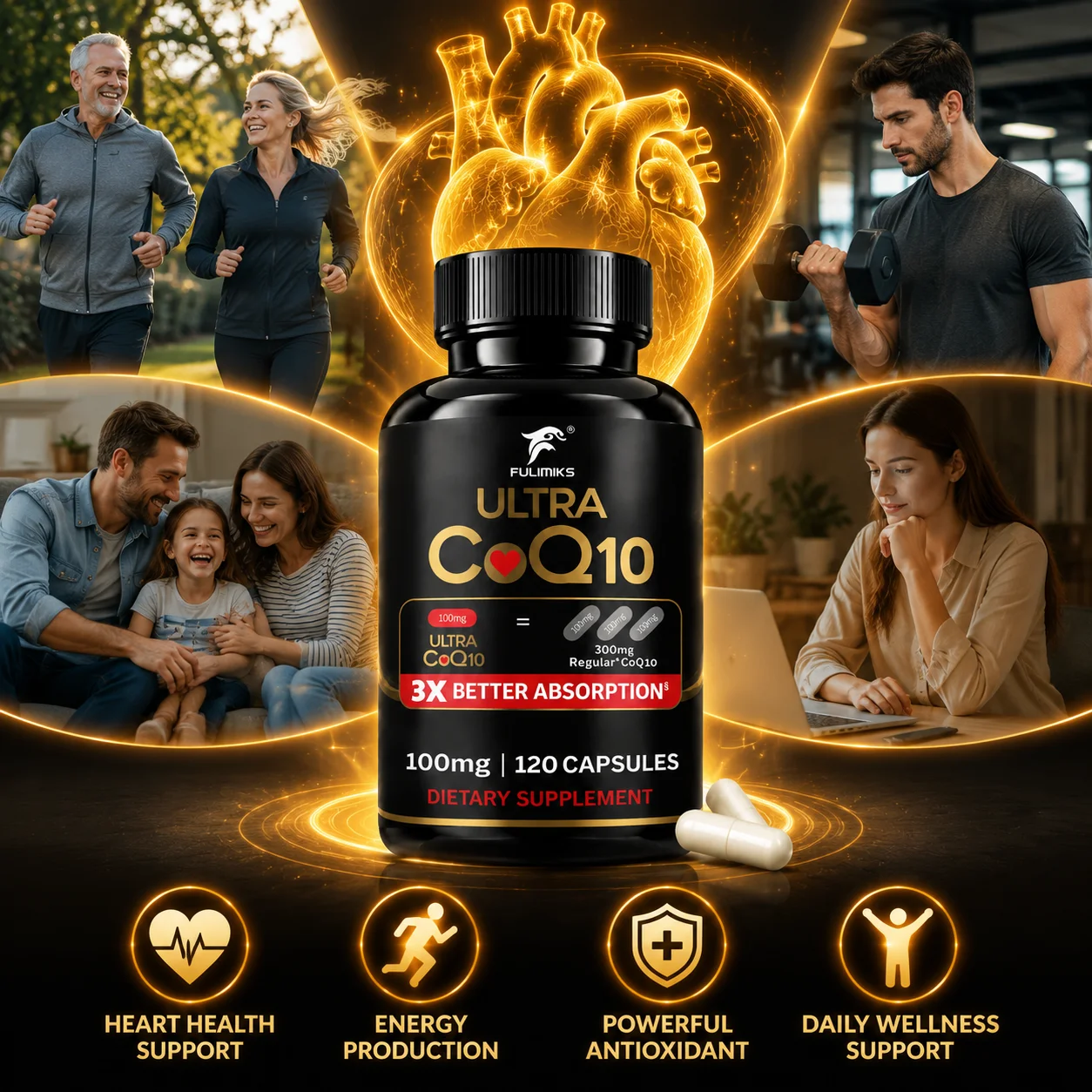Ultra CoQ10 100mg Capsules, 3X Enhanced Absorption Antioxidant, Support Heart Cardiovascular Circulation Health, Cellular Energy
