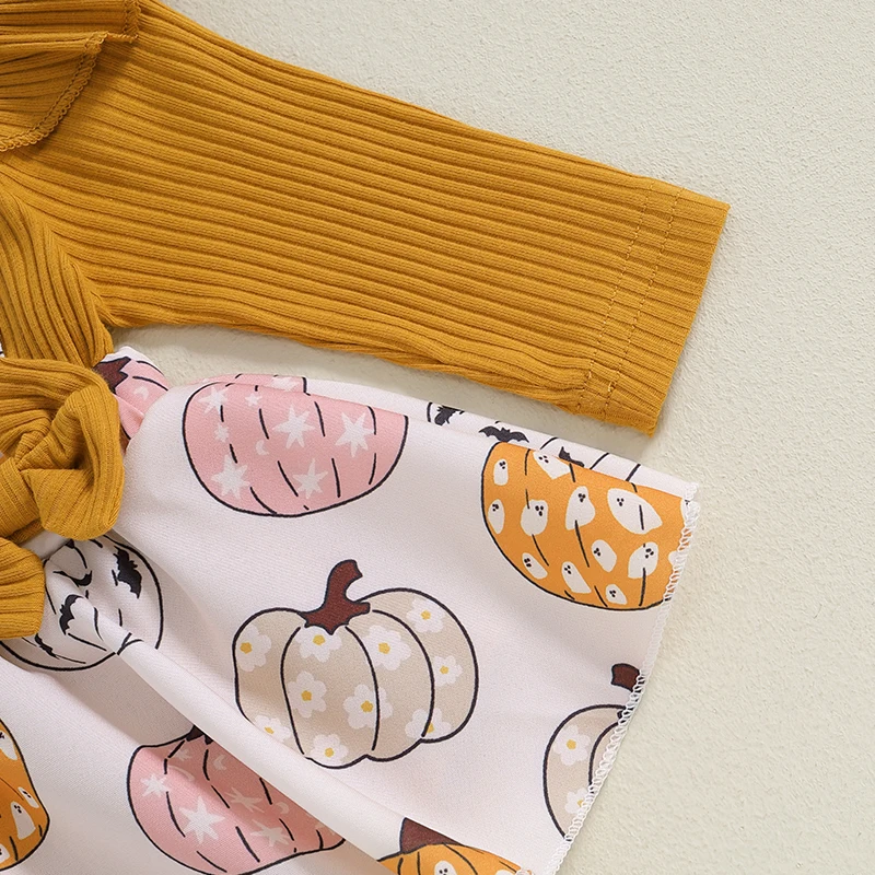 BeQeuewll Princess Baby Girls Clothes Halloween Newborn Romper Dress Long Sleeve Pumpkin Patchwork Bodysuit with Headband Set