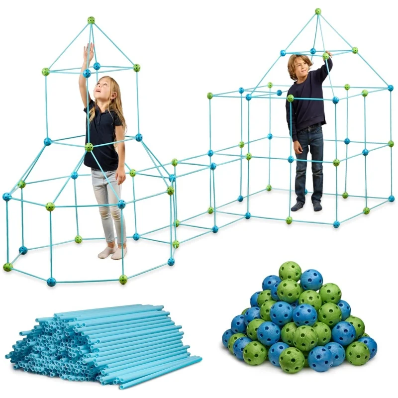 Fort Building Kit Indoor Play Engineering Set with Connecting Sticks and Balls Kids Play Space Tent & Hideout Creative