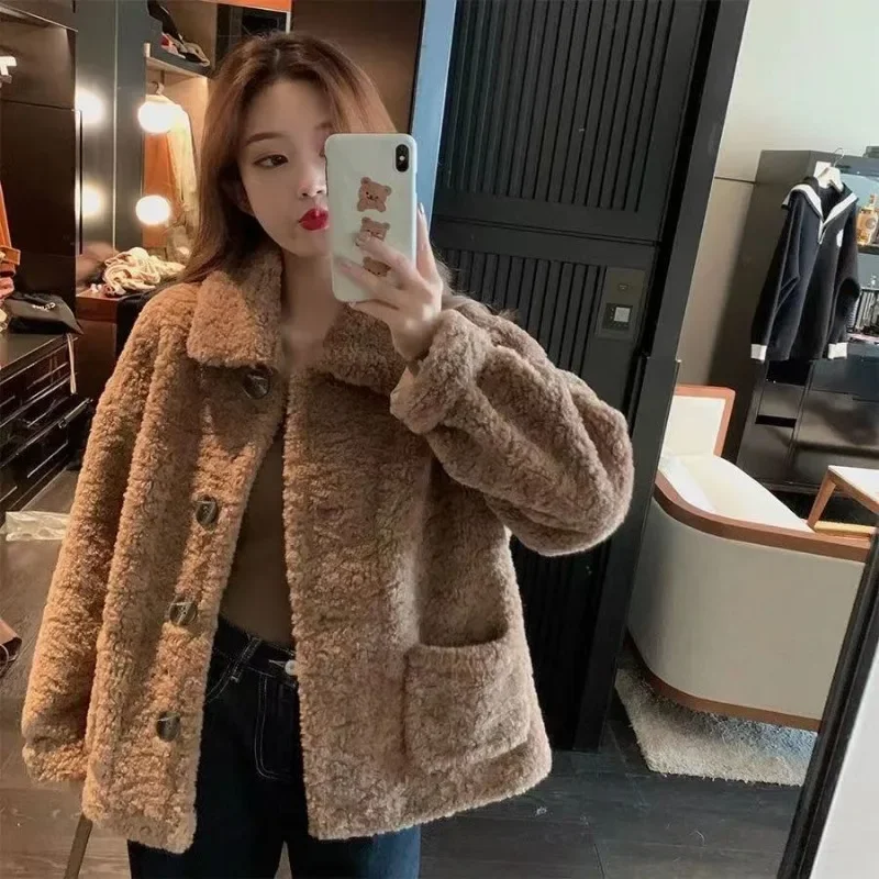 Women New Imitation Lamb Wool Coat Faux Fur Warm Jacket Single Breasted Spliced Pockets Loose Lapels Long-sleeved Casual Top