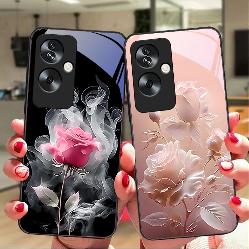 White Smoke Red Rose For Oppo A79 5G 58 78 74 60 4G Reno 11F Realme GT 6 11 Note 50 10 C55 X2 Tempered glass black phone case