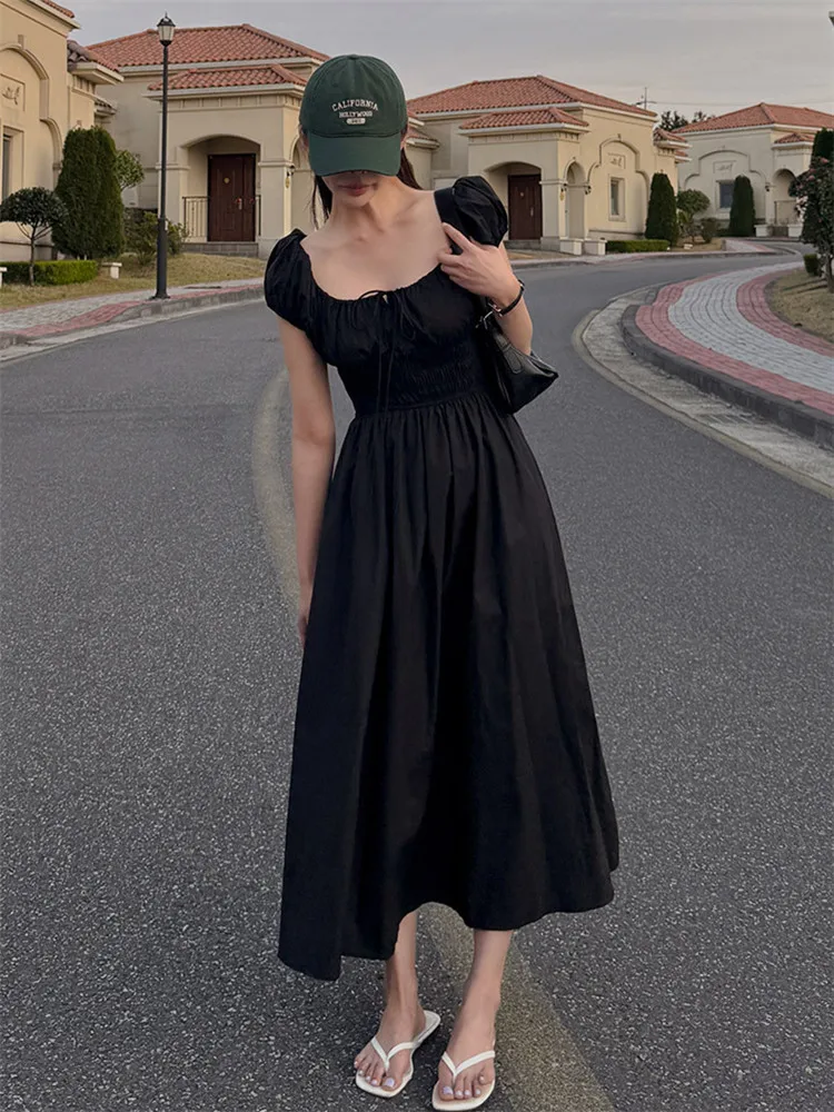 فستان صيفي على الطراز الكوري برقبة على شكل حرف U تنورة نسائية طويلة على شكل حرف a تنورة طويلة للتخسيس وأكمام فقاعية وخصر مربو...